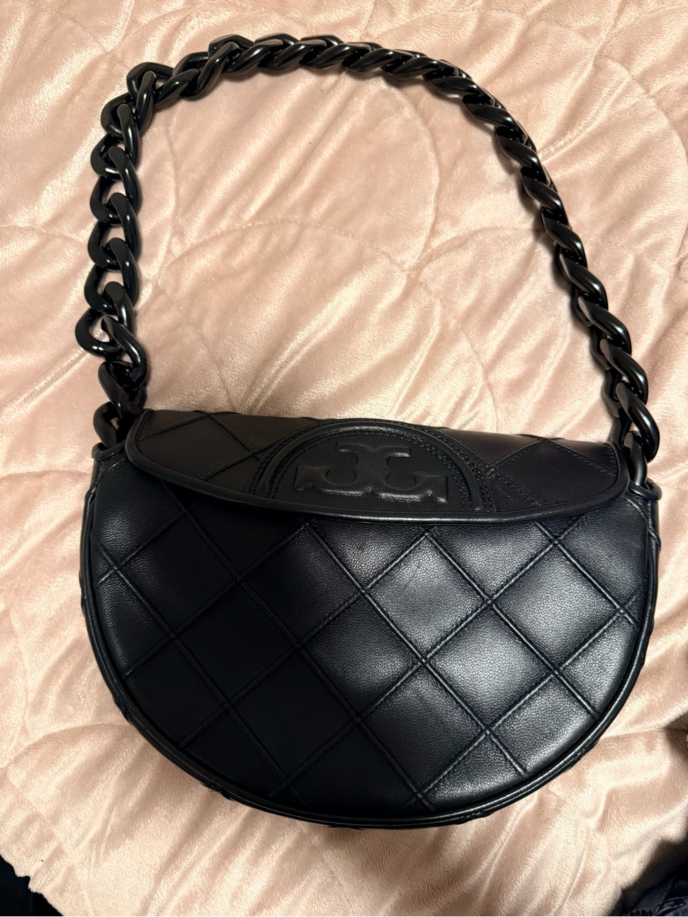 Tory Burch Fleming Soft Leather Crescent Shoulder Bag with Chunky Chain Strap